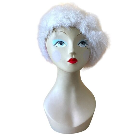 Vintage 1960s Womens White Maribou Feather Beret Mod Twiggy Twee Cloud Hat - Picture 1 of 11